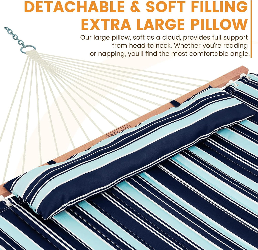 Lazy Daze Double Quilted Hammock with Carabiners & Soft Pillow for Outside