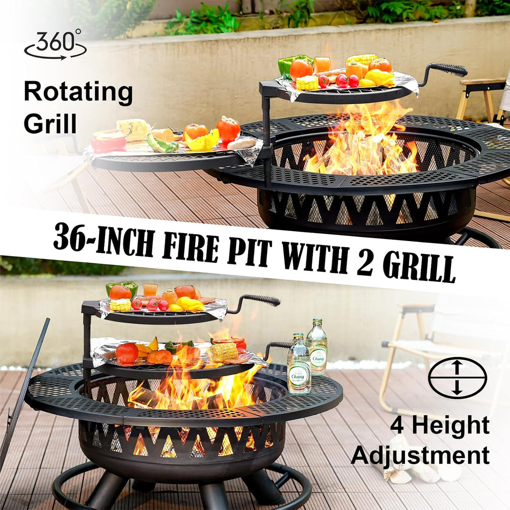 36 Inch Outdoor Fire Pit with 2 Grills,Wood Burning Outside Large Fireplace