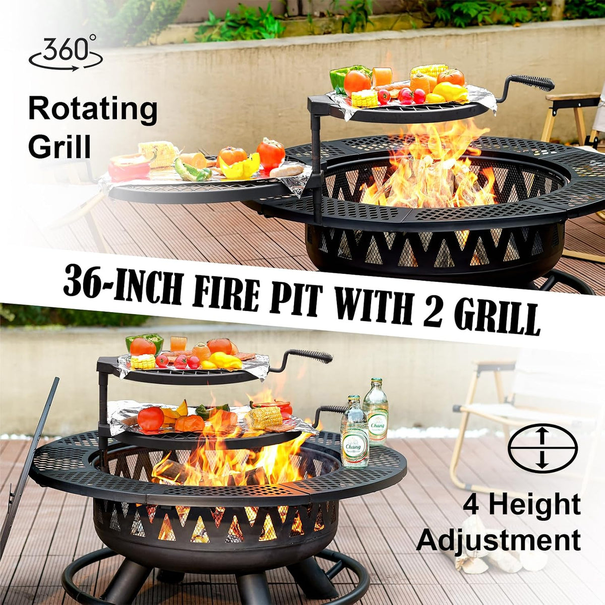 36 Inch Outdoor Fire Pit with 2 Grills,Wood Burning Outside Large Fireplace