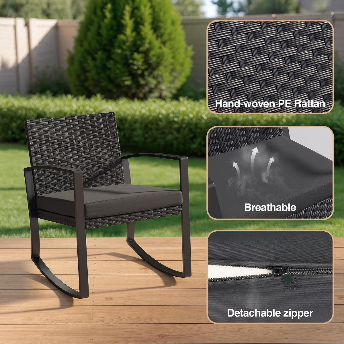 Qsun 3 Pieces Patio Furniture Set Rocking Bistro Set, Outdoor Patio Furniture Set with Coffee Table for Garden Balcony Backyard Poolside (Black Cushion)
