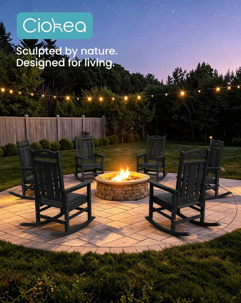 Ciokea Oversized Outdoor Rocking Chairs Set of 6, 380lbs Heavy-Duty Large Patio Rocker, High Back Cozy Porch Chairs, Weather Resistant Patio Rocking Chairs for Outside, Fire Pit, Deck, Black