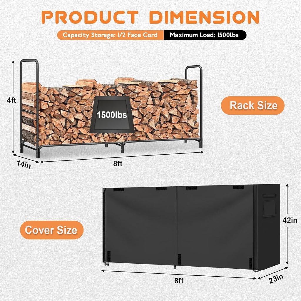Gtongoko 8FT Firewood Rack Outdoor with Cover, Large Wood Storage Rack
