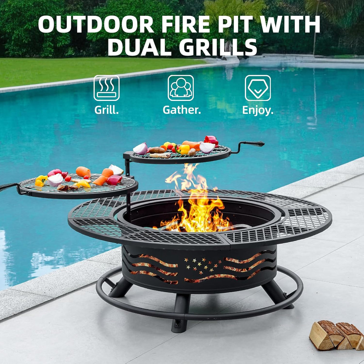 Panovue 47 Inch Fire Pit with 2 Cooking Grates and Table Lid