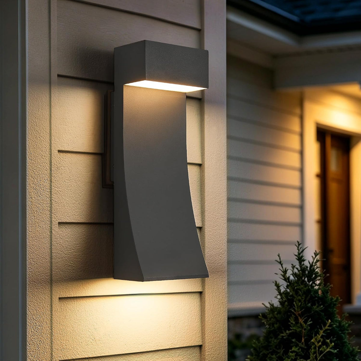 Modern Outdoor Wall Light Curved Design Waterproof,Super Bright LED,Textured Black Finish with Frosted Glass, cETLus Listed & Dimmable,Hardwired Wall Sconce for Porch,Garage,Patio, Garden