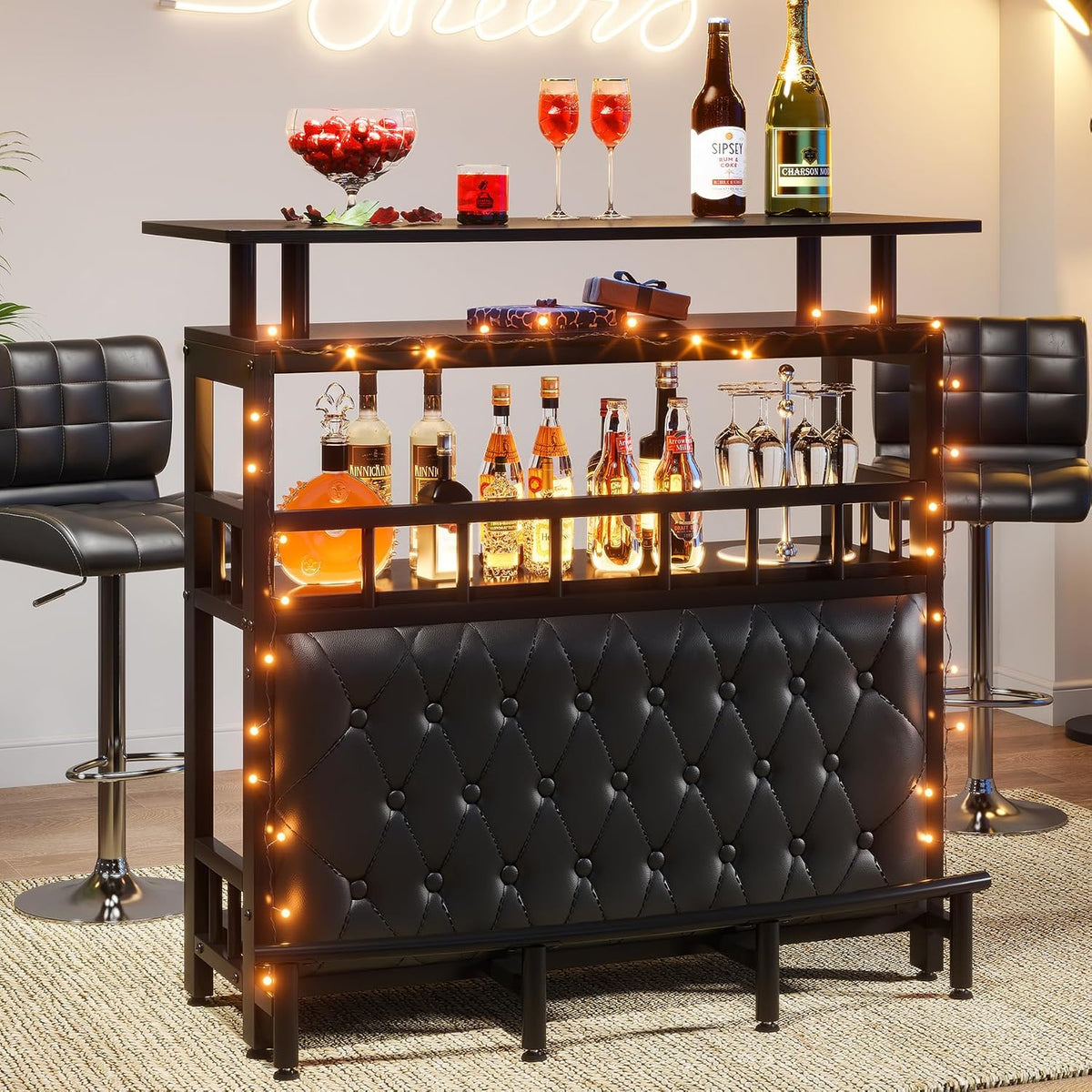 Tribesigns Home Bar Unit for Liquor, 44-Inch Bar Height Table with Storage, Black Mini Entertainment Carts Pub Table with Upholstered&Metal Front Footrest for Kitchen, Balcony, Basement