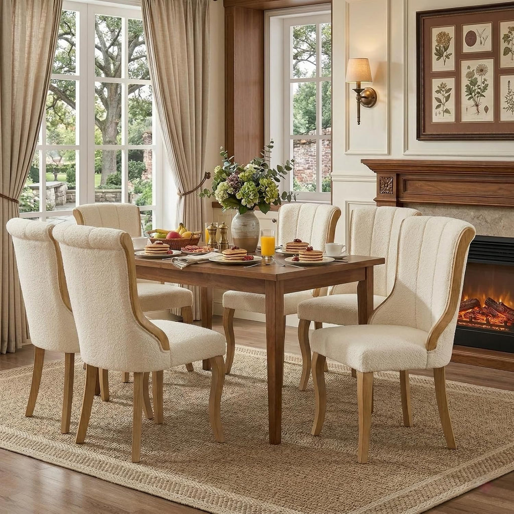 Wooden Dining Chairs Set of 6, Mid Century Modern Upholstered Kitchen & Dining Room Chairs with Solid Wood Legs, Snow Velvet Fluffy Fabric Chairs for Dining Room (Beige, Set of 6)