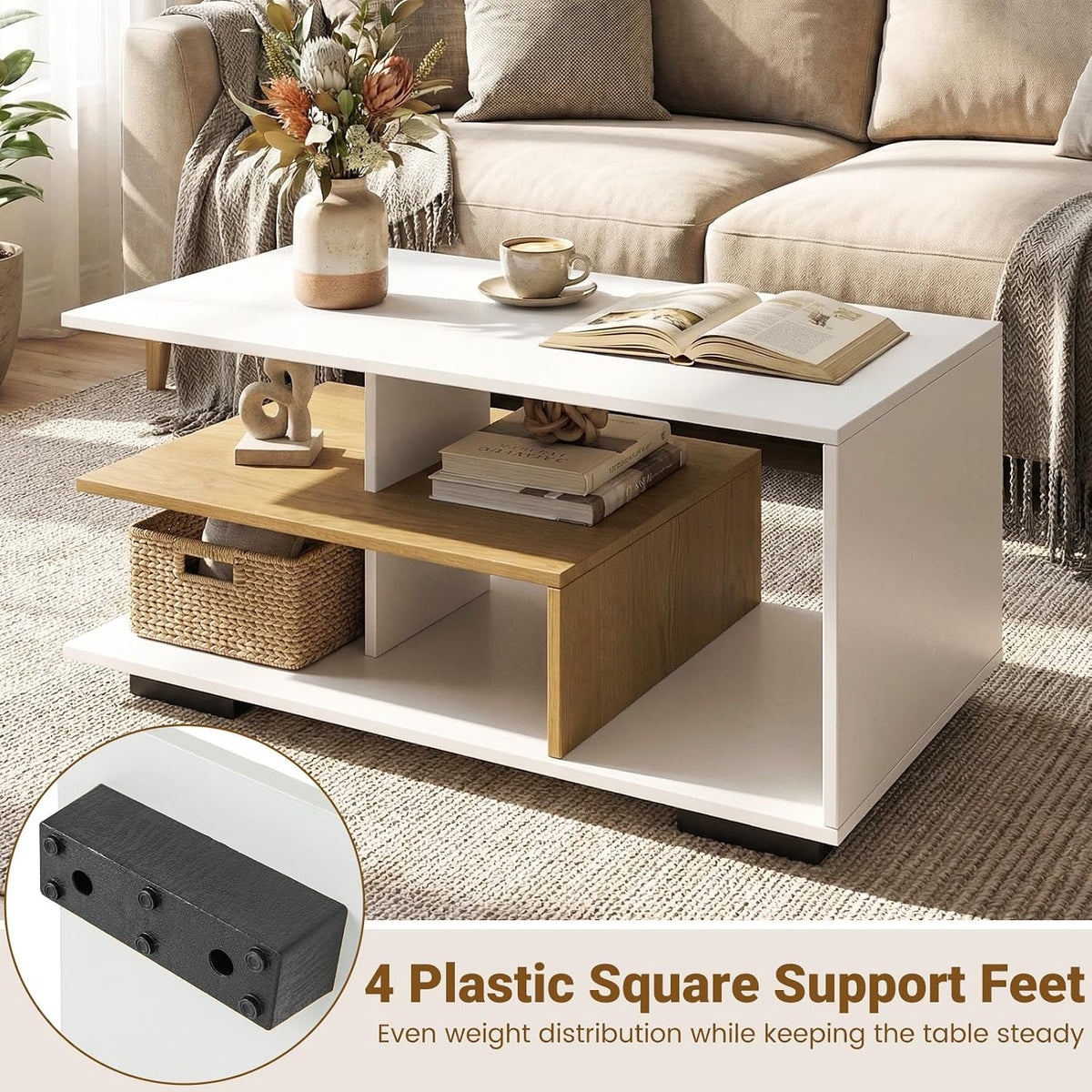 GOFLAME Rectangular Coffee Table for Living Room, 3-Tier Wood Center Table with Storage, L-Shaped Middle Shelf, Modern Accent Coffee Tables for Living Room, Reception Room, White & Natural