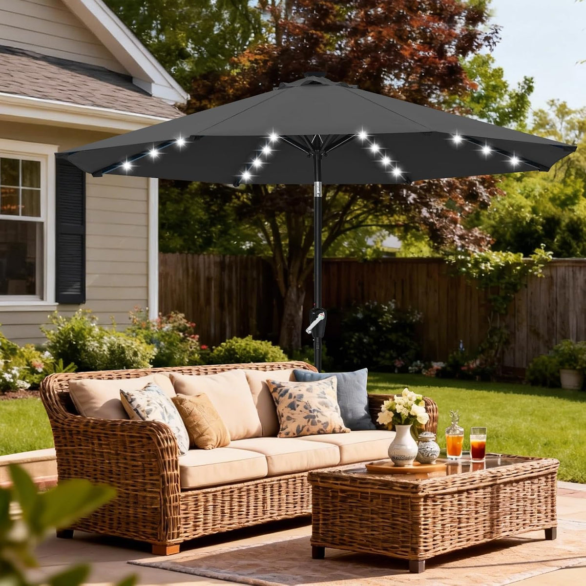 ABCCANOPY Durable Solar Led Patio Umbrellas with 32LED Lights 9FT (Dark Gray)