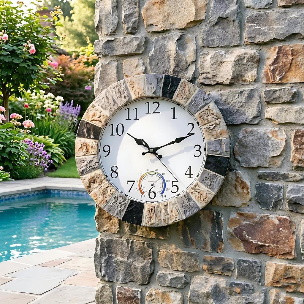 Outdoor Clock Waterproof with Thermometer, 13 Inch Silent Rustic Resin Wall Clock Weatherproof Decor for Patio Pool Garden Porch, Faux-Stone Brown