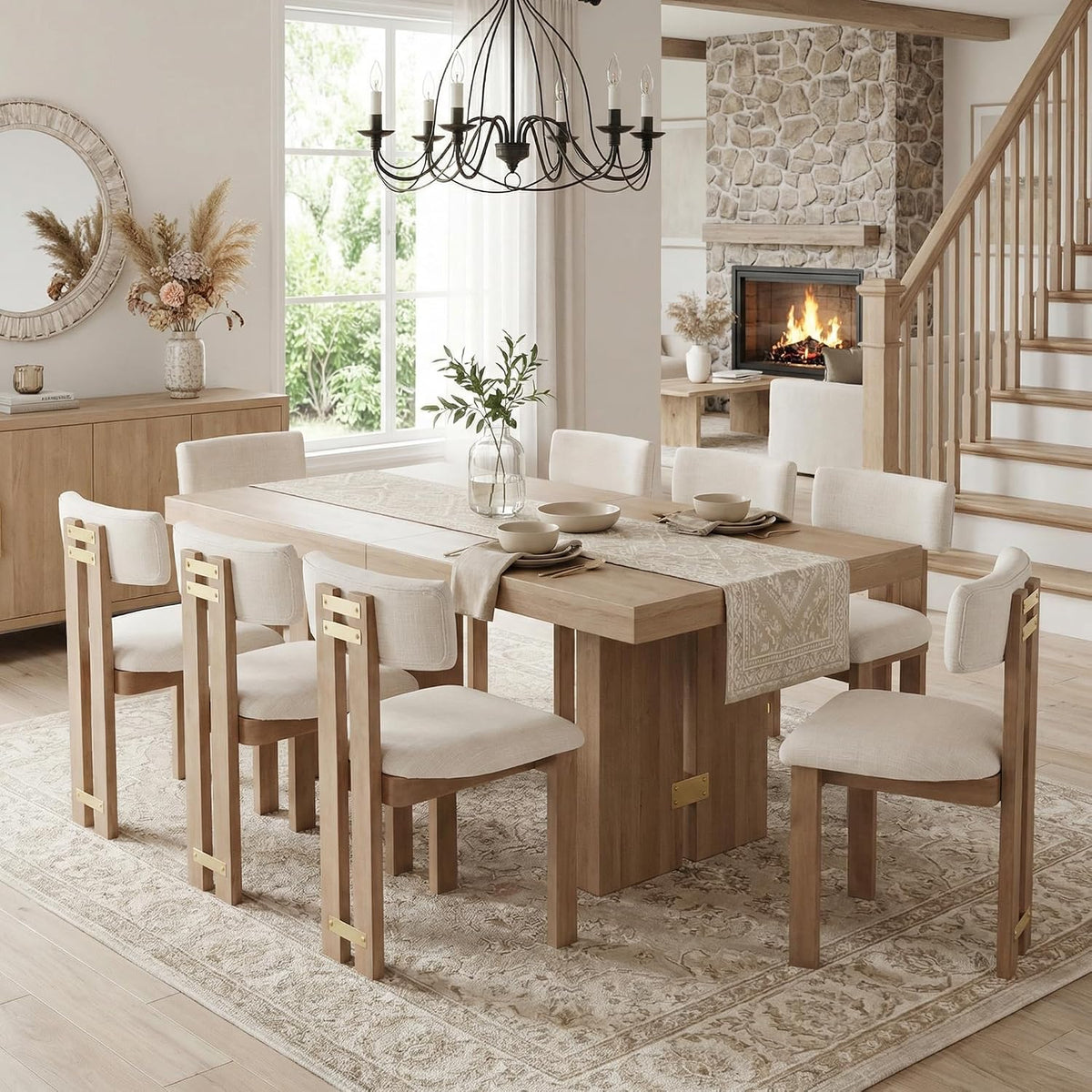 HNY Modern Linen Dining Chairs Set of 6 with Curved Back Support, Beige