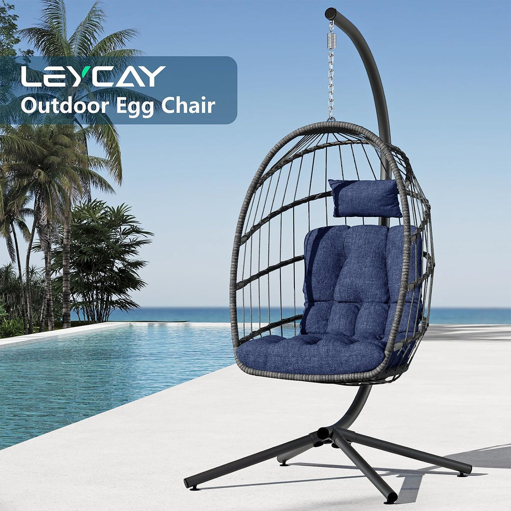 LEYCAY Hanging Egg Chair with Stand, Outdoor Indoor Egg Swing - Dark Blue