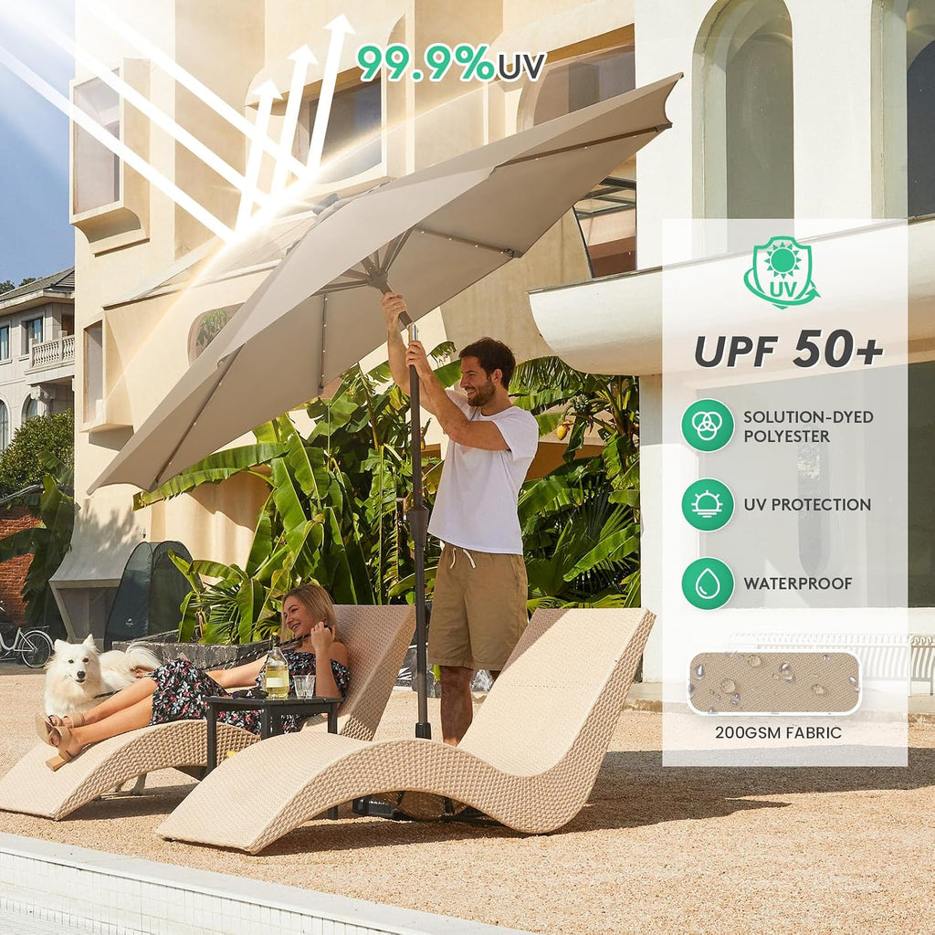 JEAREY 9' Patio Umbrella with Solar Lights, LED Umbrella, Beige