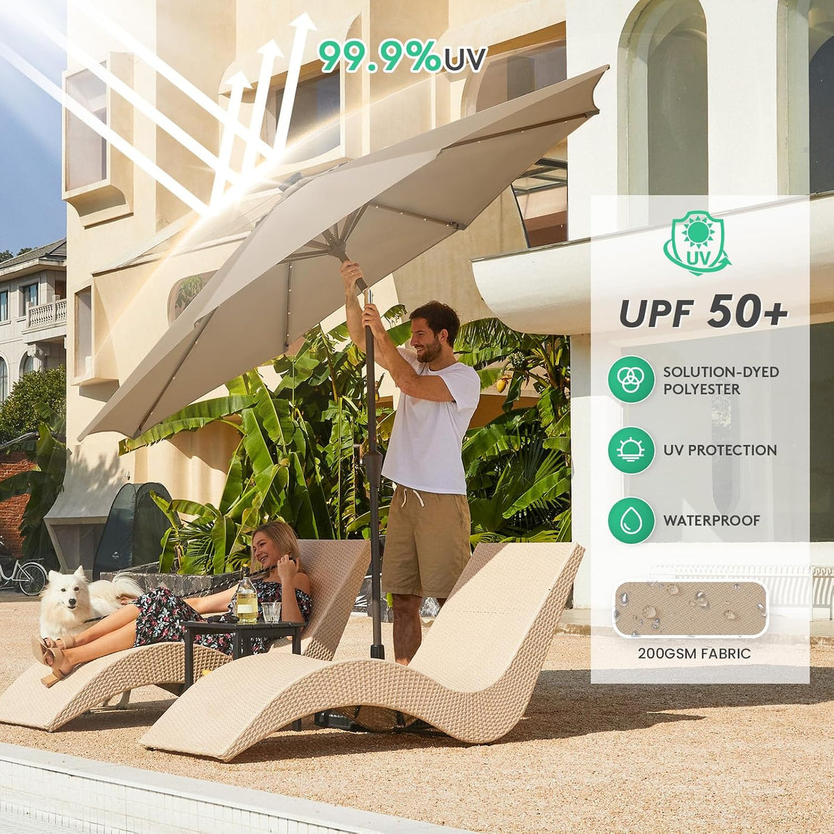 JEAREY 9' Patio Umbrella with Solar Lights, LED Umbrella, Beige