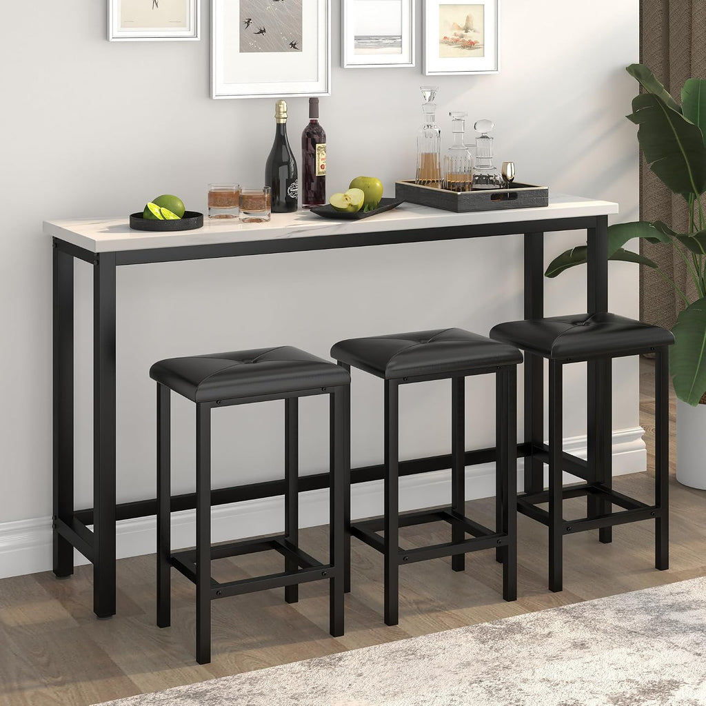 Bar Table Set for 3, 60.2” Faux Marble Behind Couch Table Set, Modern Sofa Table with 3 Upholstered PU Stools, Space-Saving Bar Tables and Stools for Home, Apartment, Small Spaces (Black)