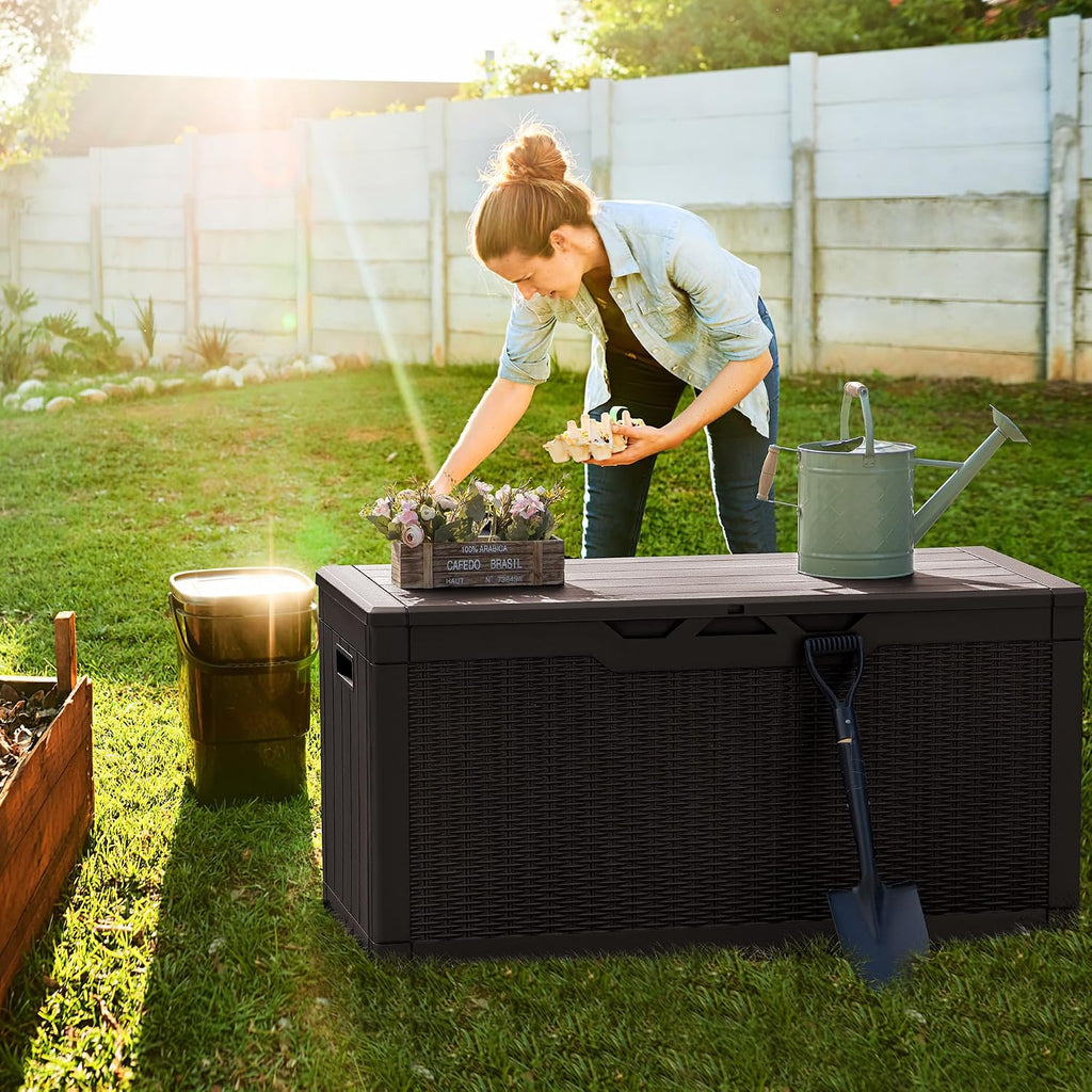 Greesum 100 Gallon Resin Deck Box Large Outdoor Storage, Imitation Rattan Weave Texture for Patio Furniture, Garden Tools, Pool Supplies, Weatherproof and UV Resistant, Lockable, Dark Brown