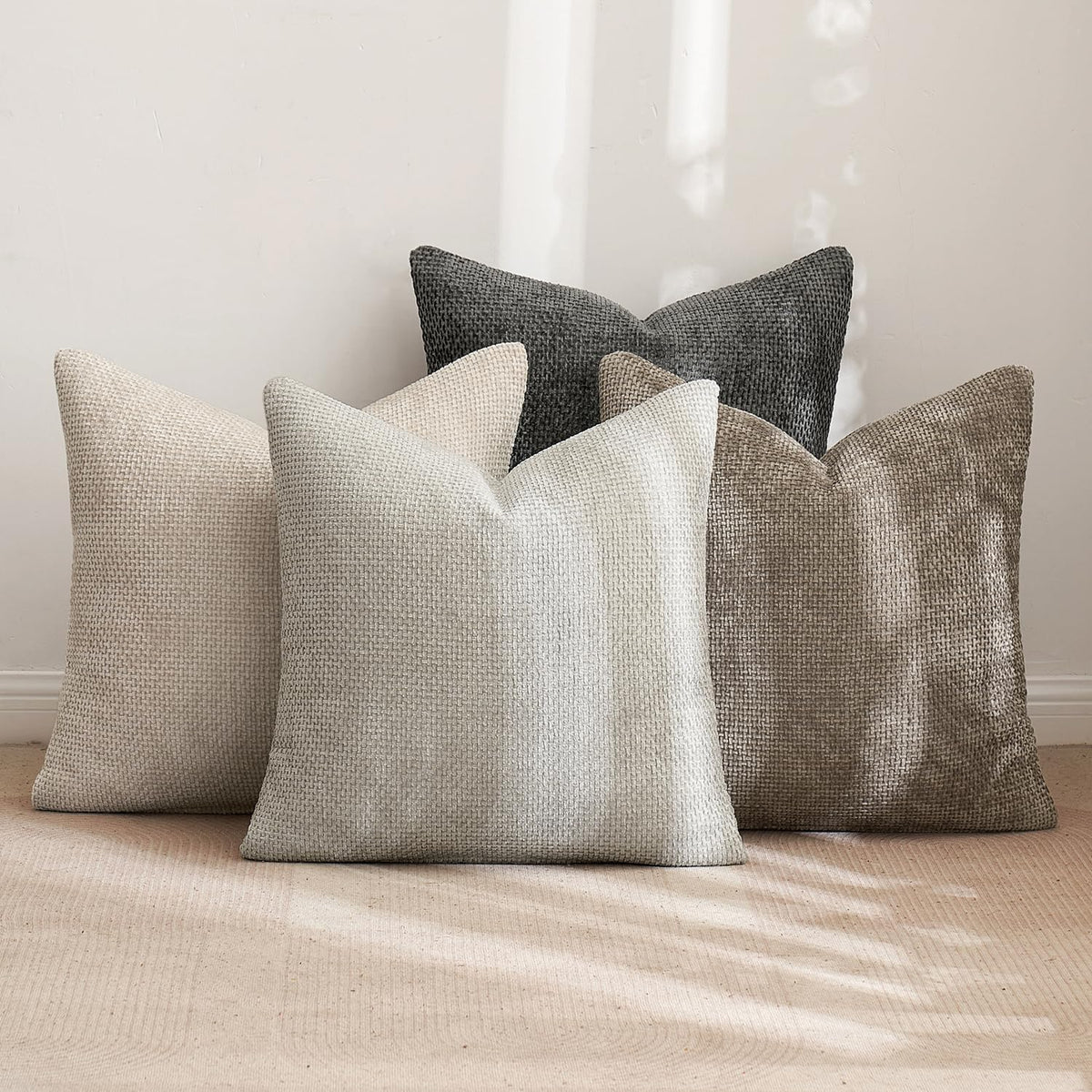 MIULEE Soft Decorative Chenille Euro Pillow Covers Neutral 24x24 Pack of 4