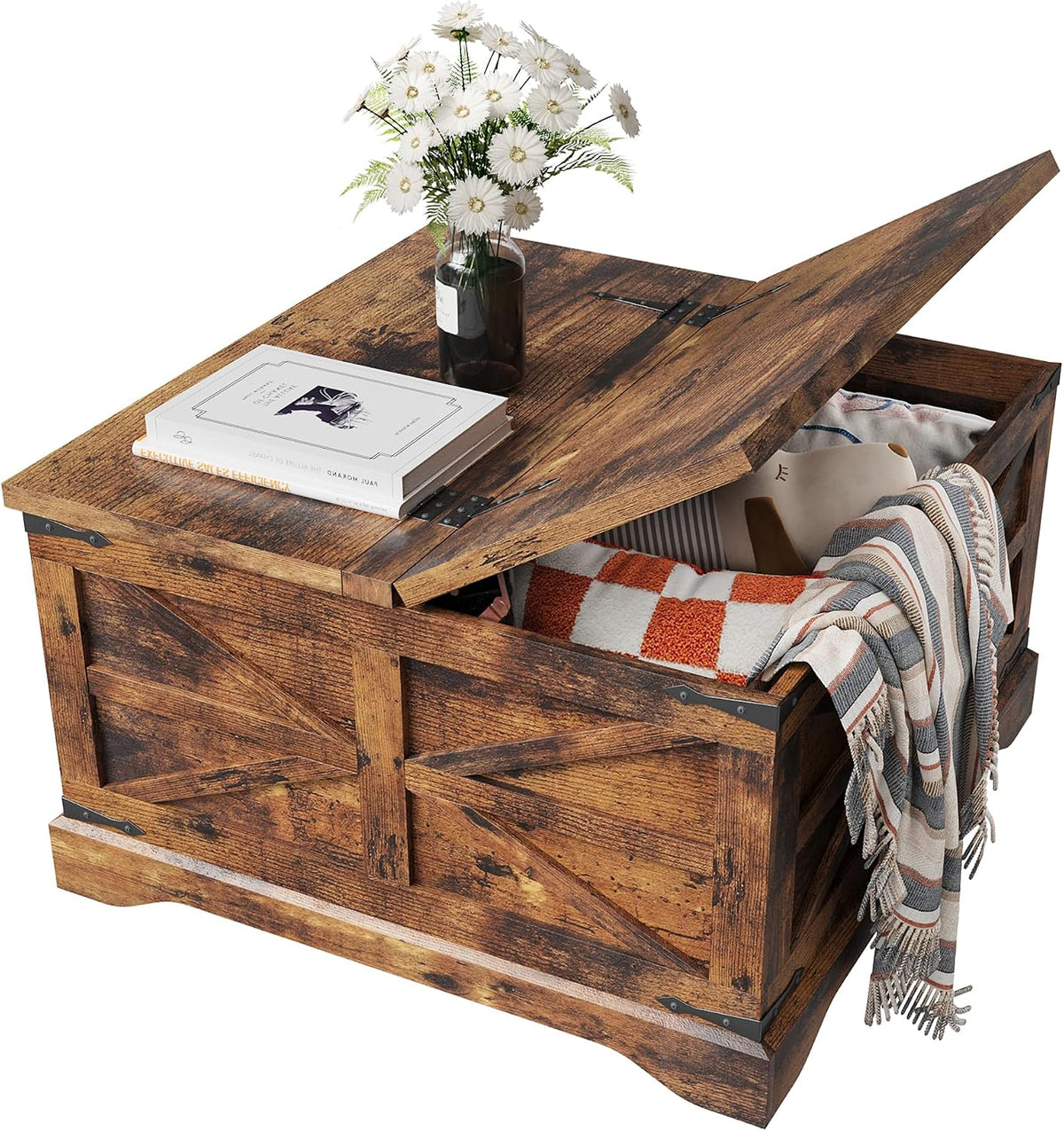MXV Farmhouse Coffee Table with Storage, Square Coffee Tables for Living Room, Rustic Wood Center Table with Hinged Lifting Tabletop for Home, Brown