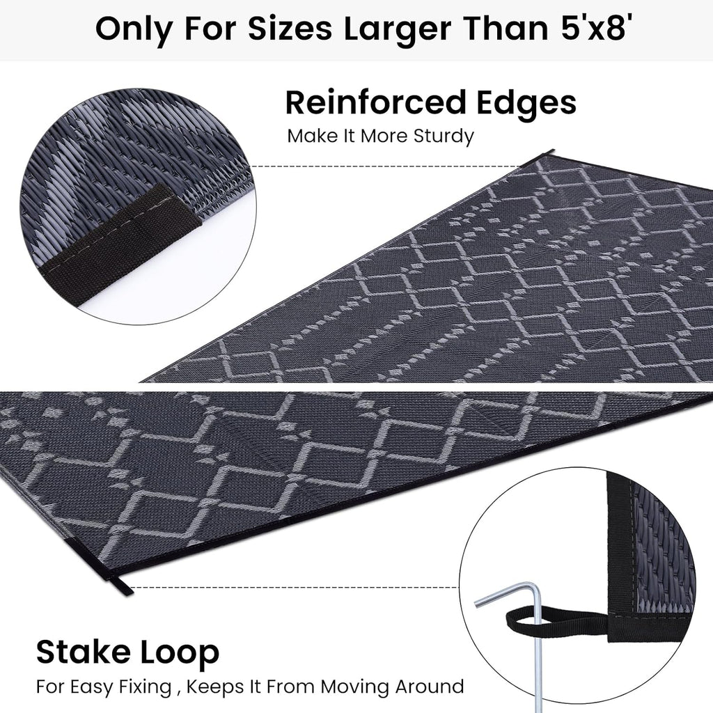 Smiry Outdoor Rug 8x10 ft Waterproof Reversible Boho Mat, Dark Grey