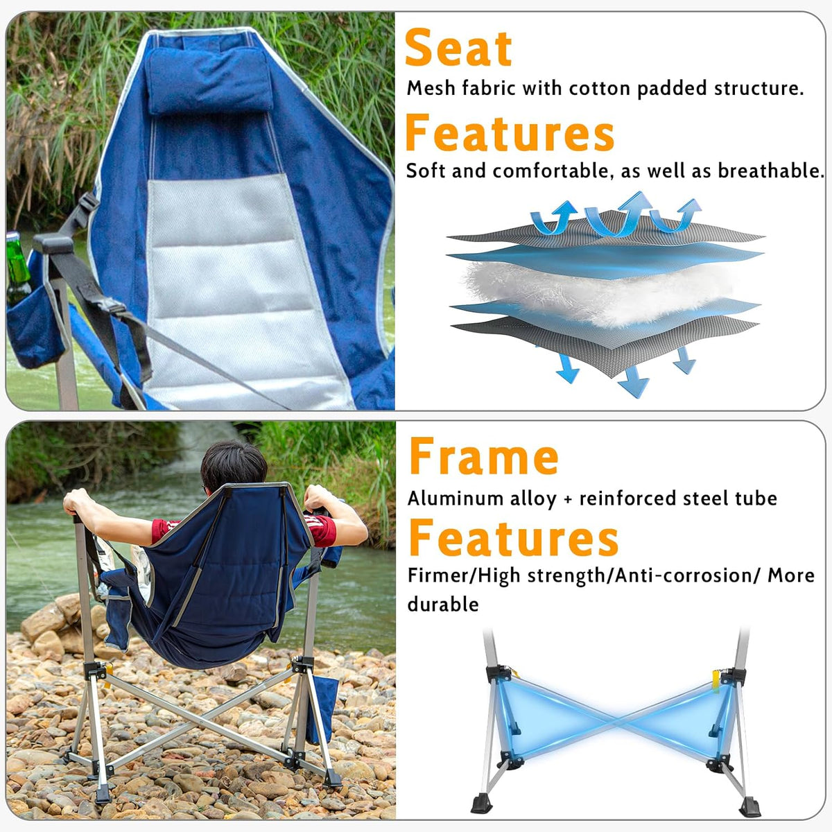 oversized swing hammock camping chairs with footrests & showing dimensions