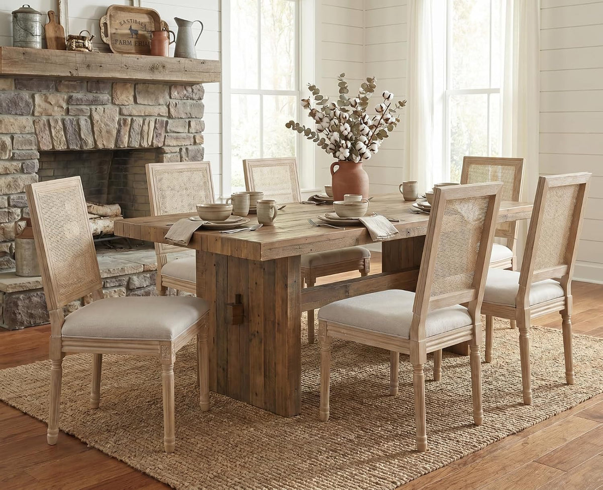 CIMOTA Farmhouse Dining Chairs Set of 8, French Rattan Dining Room Chairs with Distressed Wood Upholstered Vintage Side Chairs for Kitchen/Restaurant, Linen Beige/8PCS