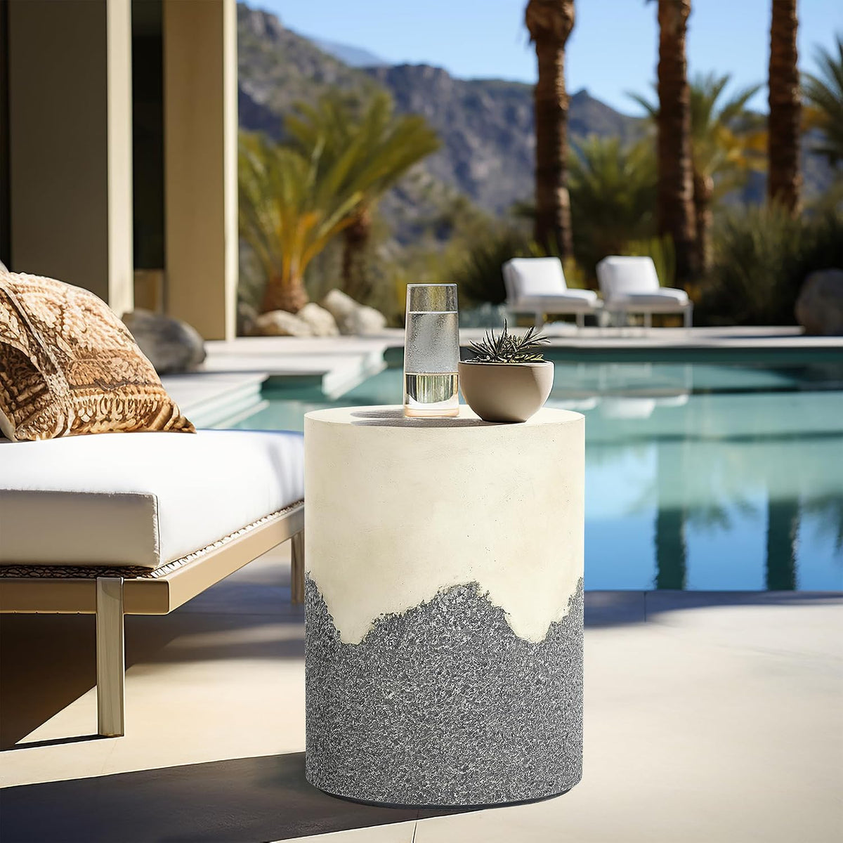LuxenHome 18" Gray and Cream Cement Outdoor Side Table, Patio End Table