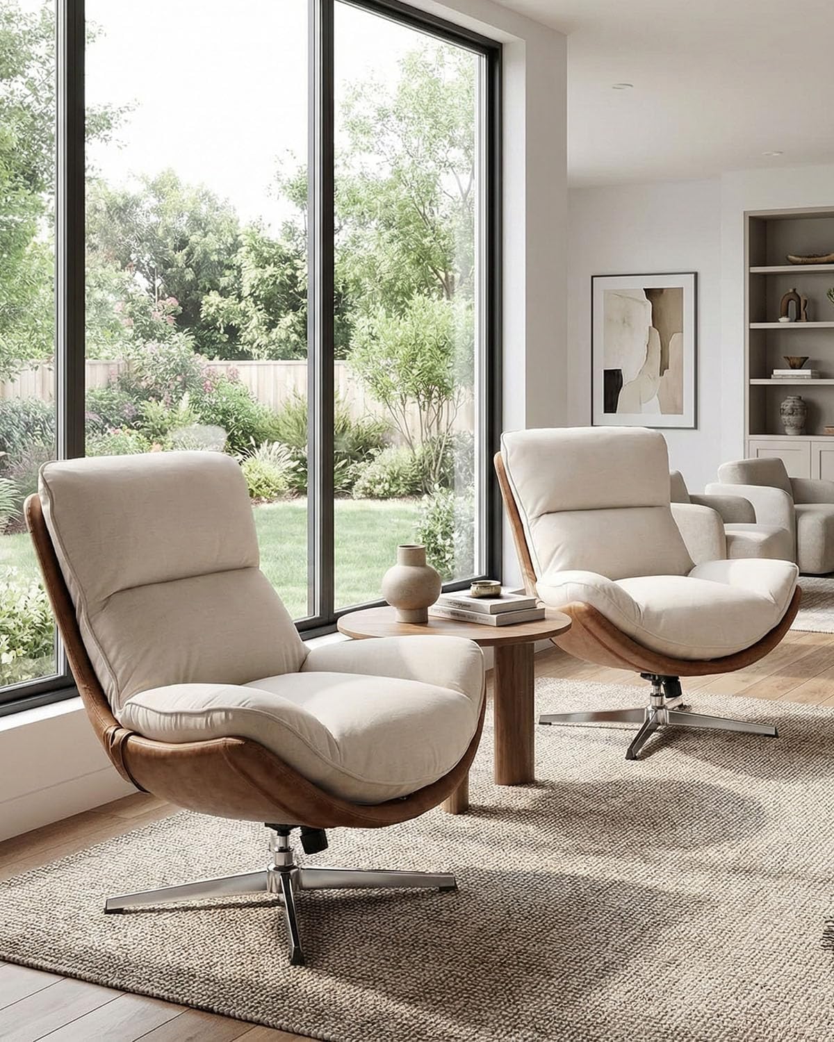 LukeAlon Set of 2 Linen Swivel Lounge Chair, Beige