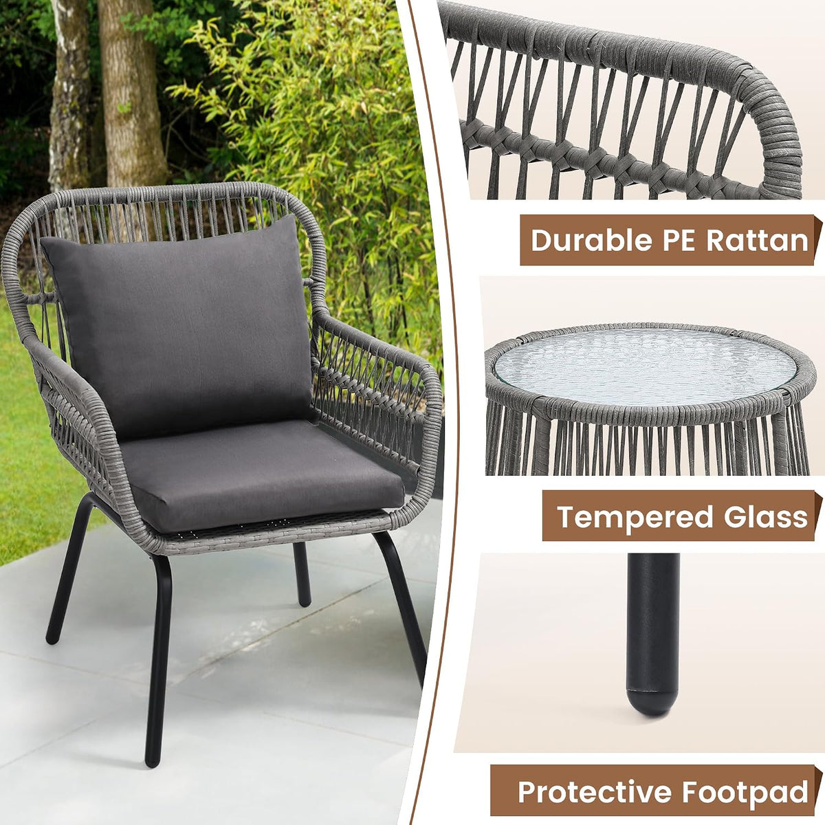 wildformers 3 pieces rattan wicker bistro set, patio showing dimensions