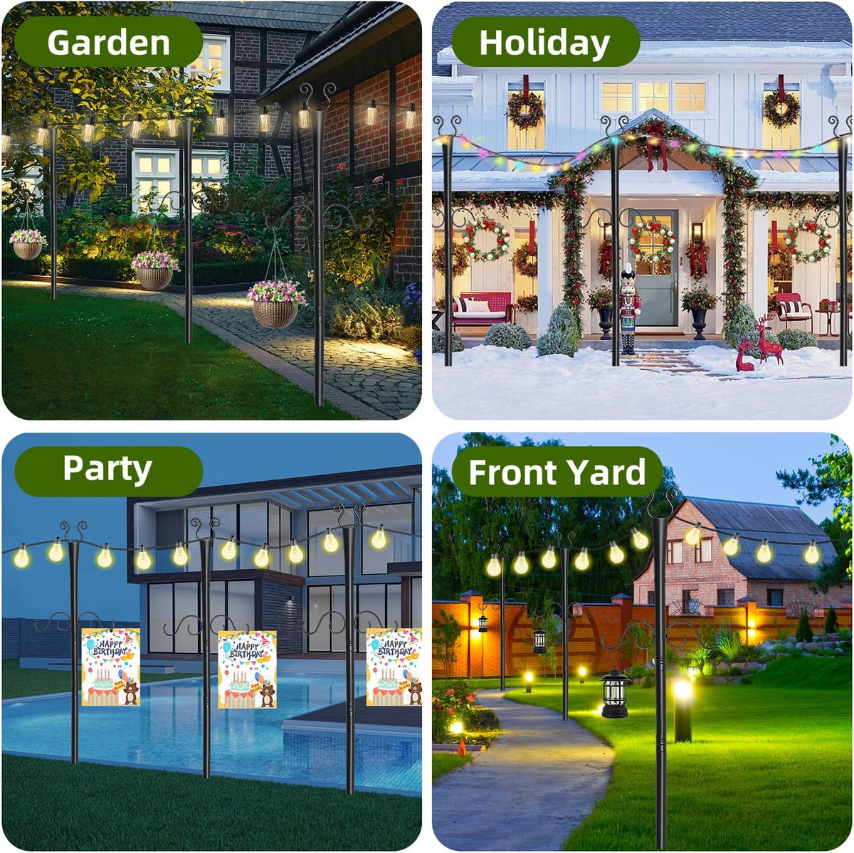 2 Pack Outdoor Patio Light Poles for String Lights, 10Ft Heavy Duty Metal String Light Poles with Shepherds Hooks for Hanging Plant & Bird Feeder, Deck Pole for Outdoor Strings Lights