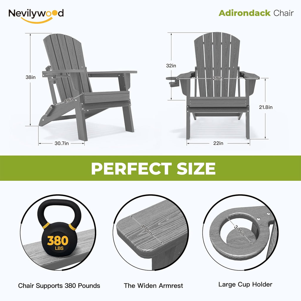 nevilywood Folding Adirondack Chair, HDPE Ergonomic Cup Holder, Gray