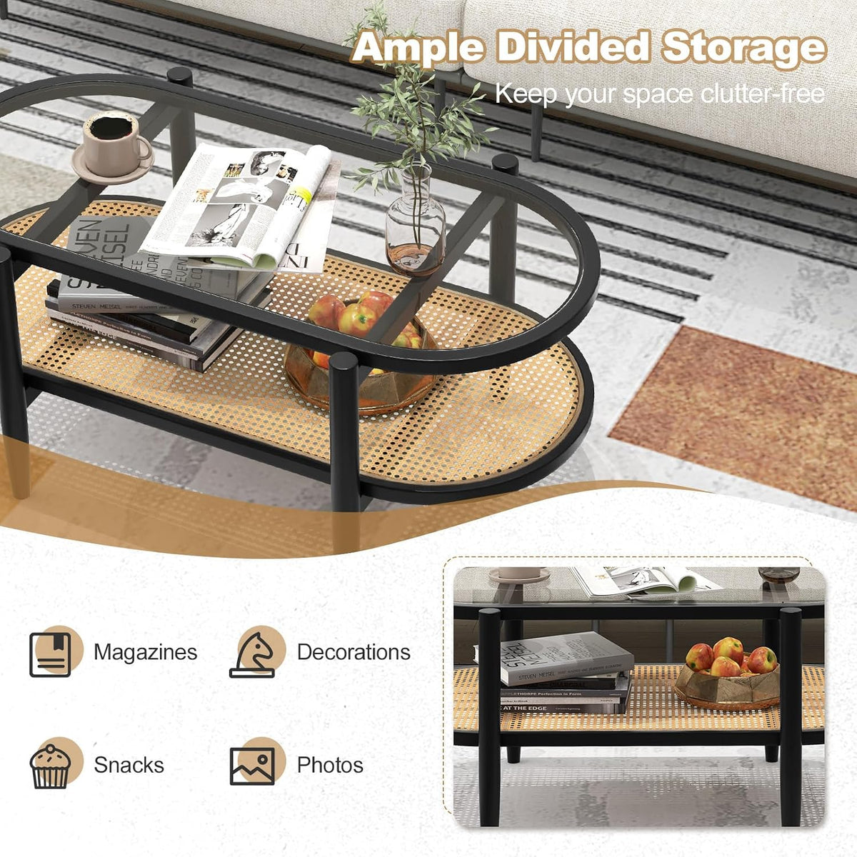 GIANTEX Rattan Coffee Table, 40" Wood Oval Center Table, Black