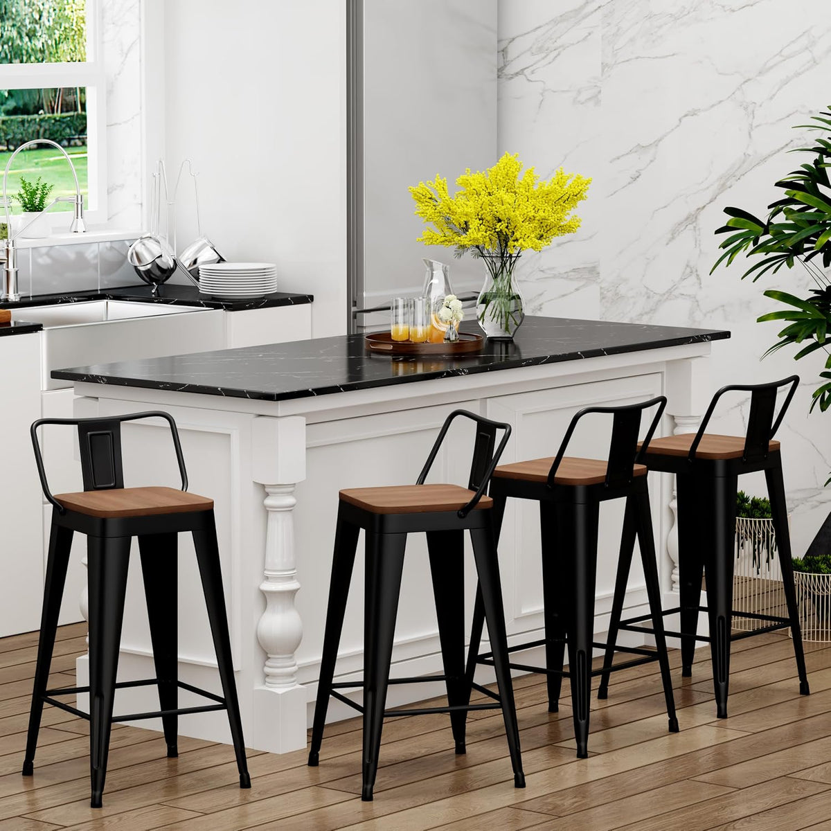 Yongchuang 24" Metal Barstools Set of 4 Counter Bar Stools with Wood Top Low Back Matte Black