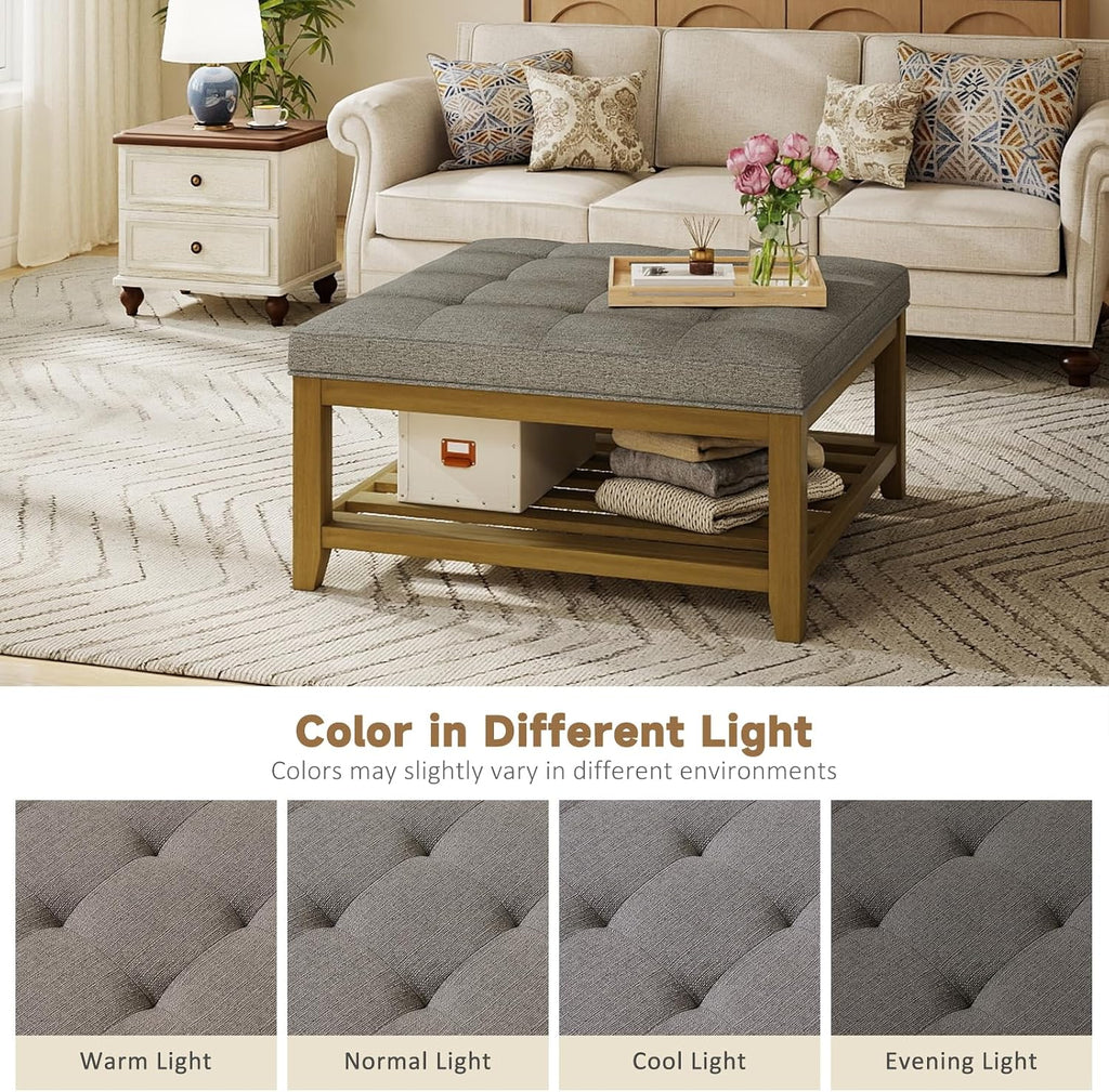 Befurtori Large Square Ottoman Coffee Table, Linen Solid Upholstered Footrest Ottoman with Solid Wood Shelf Storage Tufted Coffee Table for Bedroom Living Room, Granite