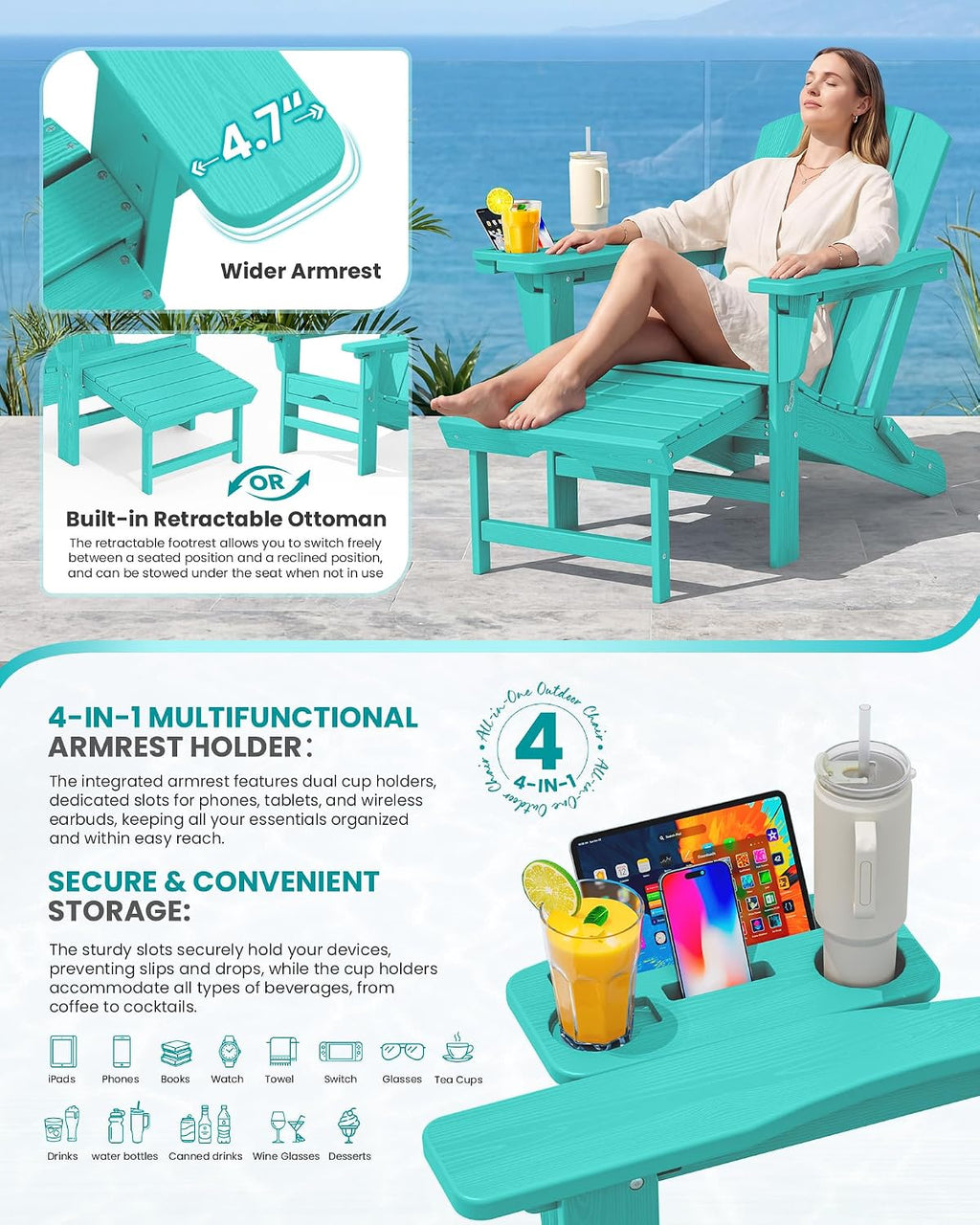 SERWALL Folding Adjustable Adirondack Chairs with Footrest Set of 2, HDPE Outdoor Chair with 4-in-1 Cup Holders, All Weather Adirondack Chair with Ottoman, Aruba