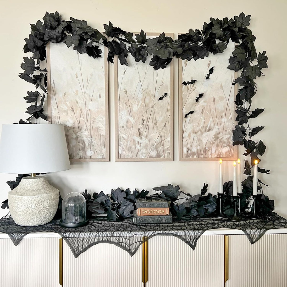 CQURE 7 Pack Black Fall Leaf Garland, Total 41.3Ft Halloween Garland Hanging Vines Artificial Fall Maple Leaves Thanksgiving Decor for Home Wedding Fireplace Christmas