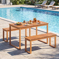 Tangkula 3 Pieces Patio Wooden Dining Set, Acacia Wood Rectangular Picnic Beer Table with 2 Benches for 4 People, Outdoor Dinner Furniture Set for Backyard, Garden and Poolside