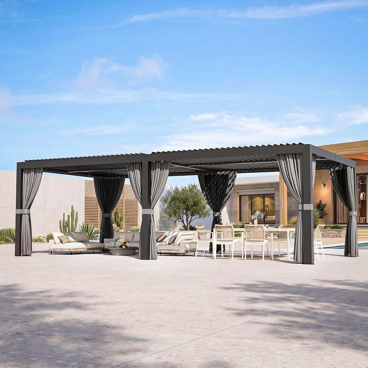 Modern Shade Pergola 12'x24' with USB Power Strip & Net and Curtain, Black