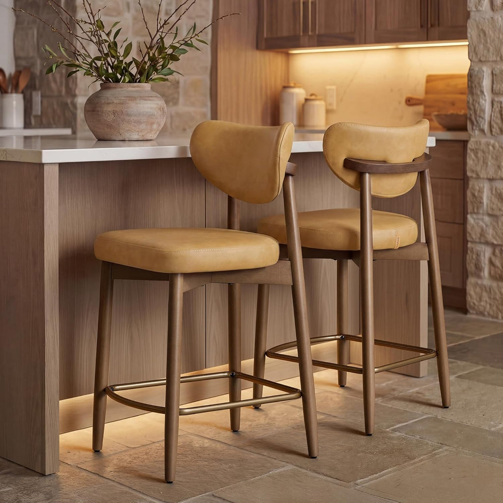 VASAGLE Wooden Bar Stools Set of 2, Synthetic Leather, Caramel Brown