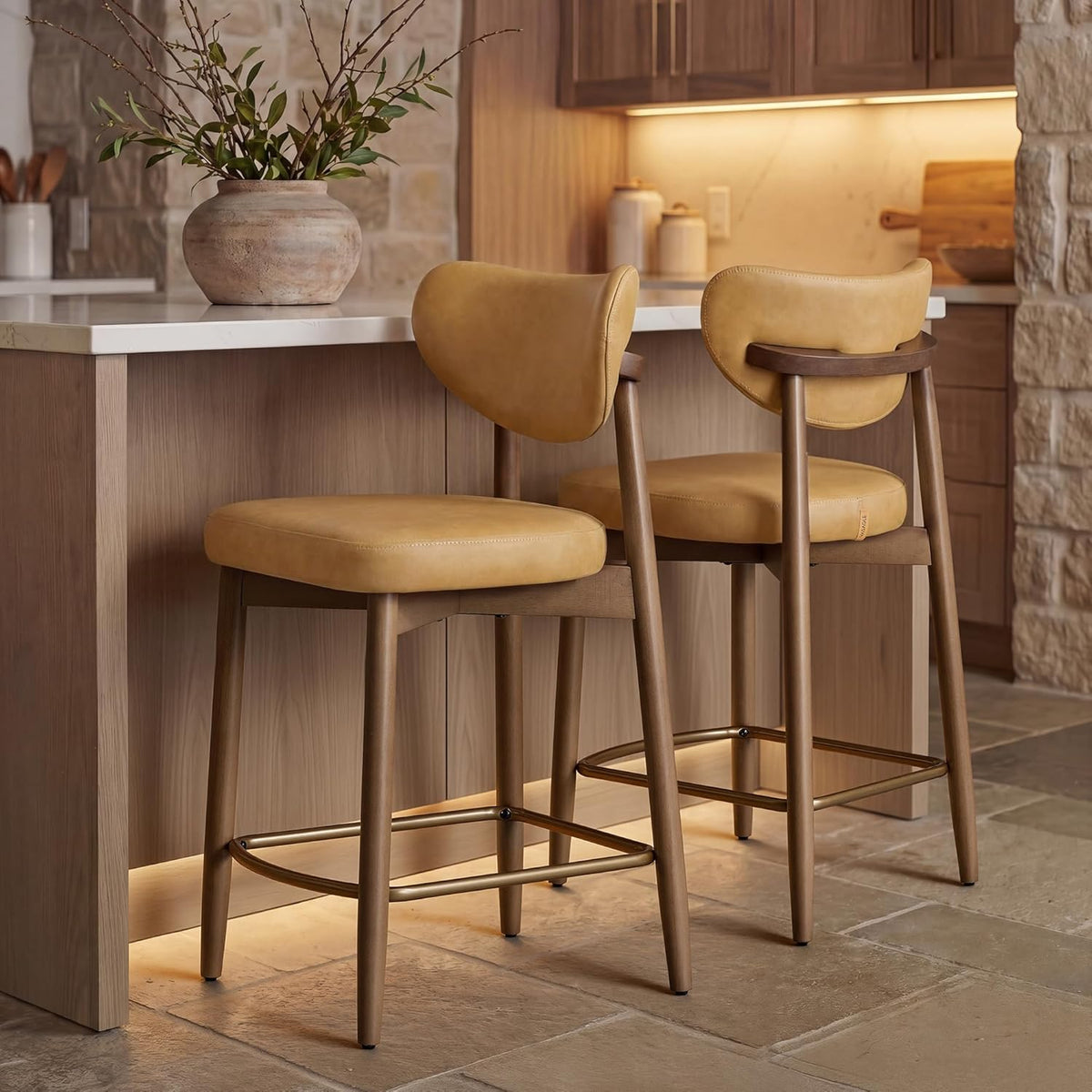 VASAGLE Wooden Bar Stools Set of 2, Synthetic Leather, Caramel Brown