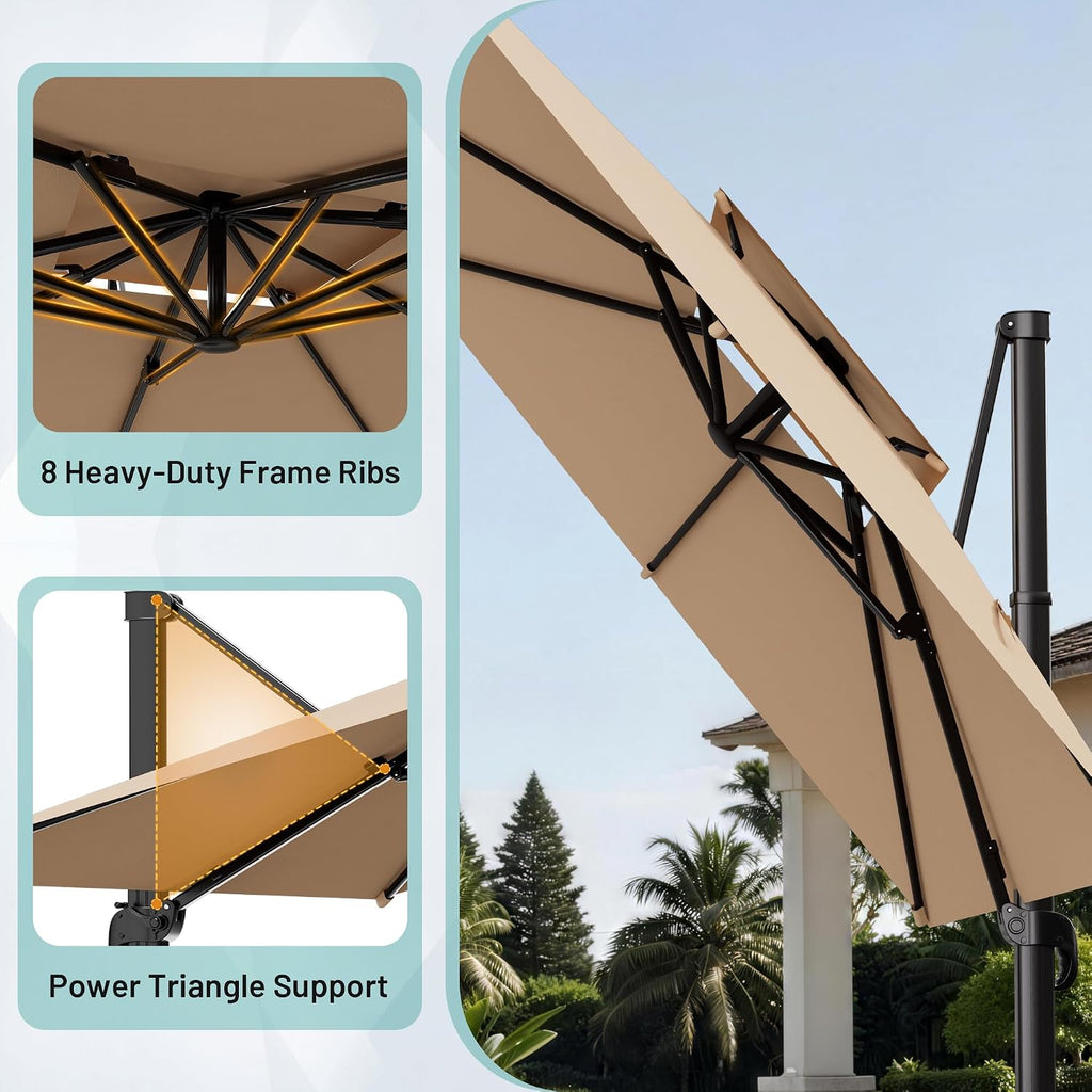 AreShark 12×12 FT Double-Top Cantilever Patio Umbrella, Beige