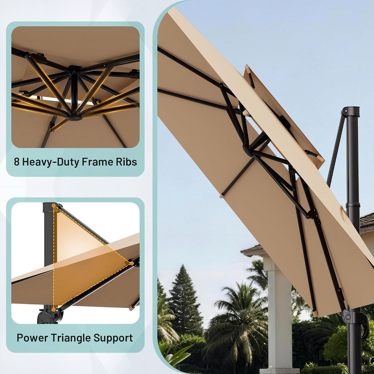 AreShark 12×12 FT Double-Top Cantilever Patio Umbrella, Beige