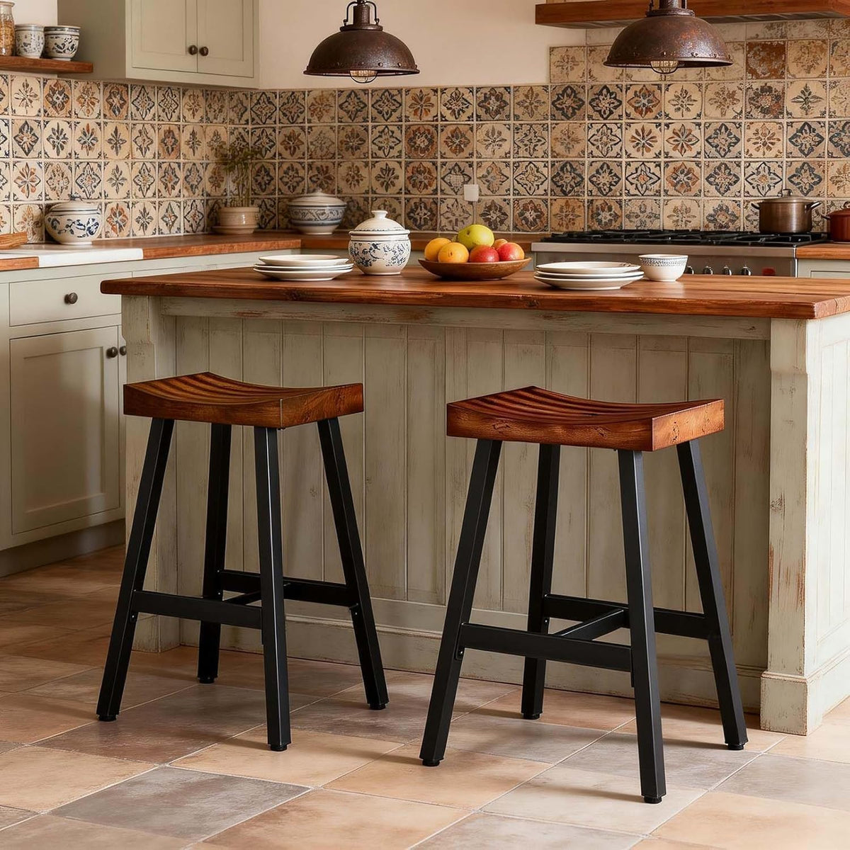OUllUO Bar Stools Set of 3, Backless Saddle Barstools, 25" Counter Height Bar Stools, Solid Wood Counter Stools with Metal Frame, 521P-BBWD3