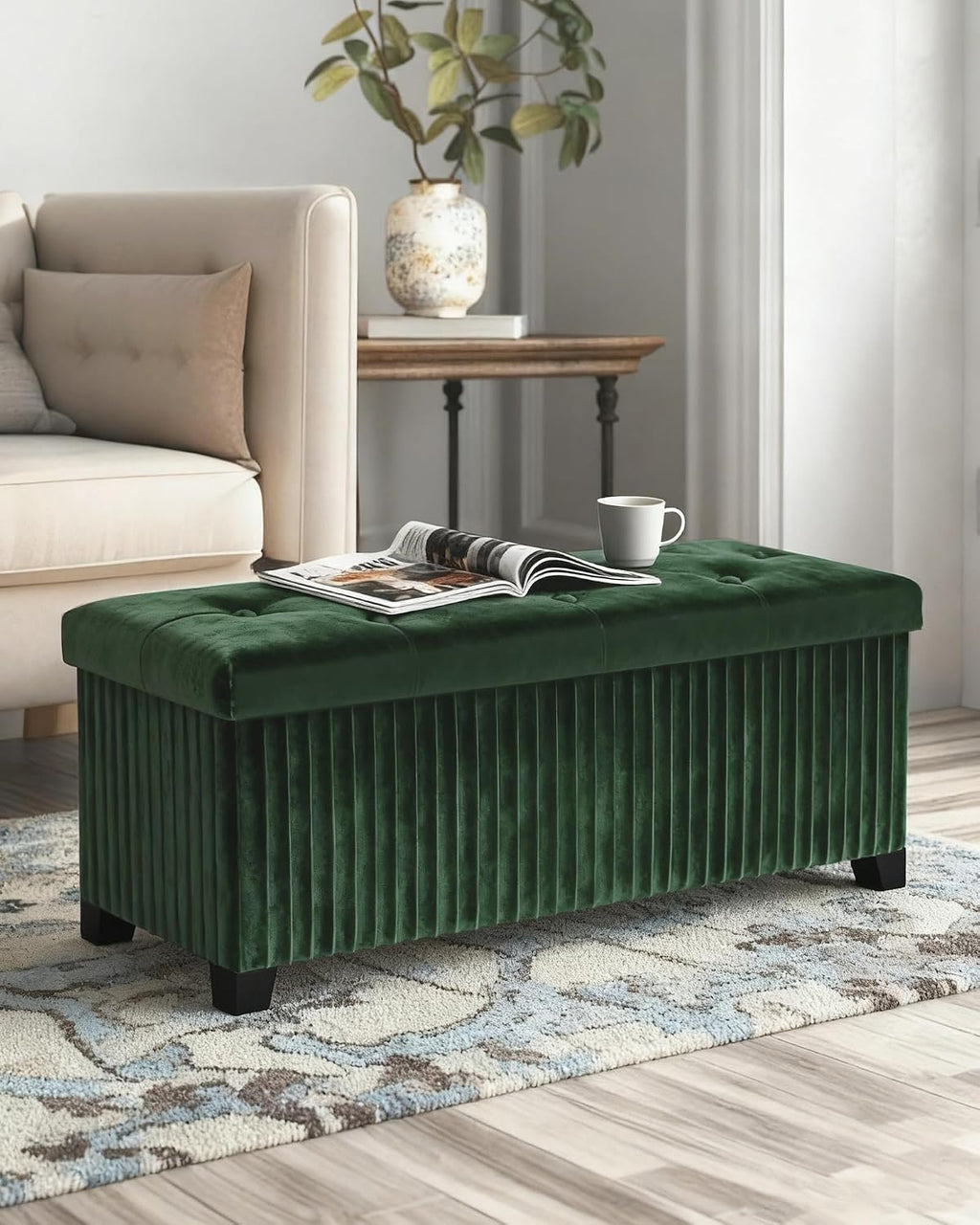 LITZFUR 43 Inches Storage Ottoman Bench, Velvet Foot Rest Stool, Green