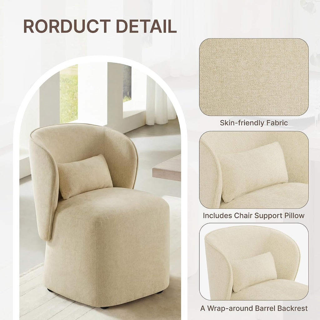 KISLOT Upholstered Dining Chairs with Wheels, Easy Assembly Stain Resistant Fabric Modern Barrel Armchair with Lumbar Cushion, Dining Room Chairs for Kitchen Living Room Bedroom, Sand, Set of 4