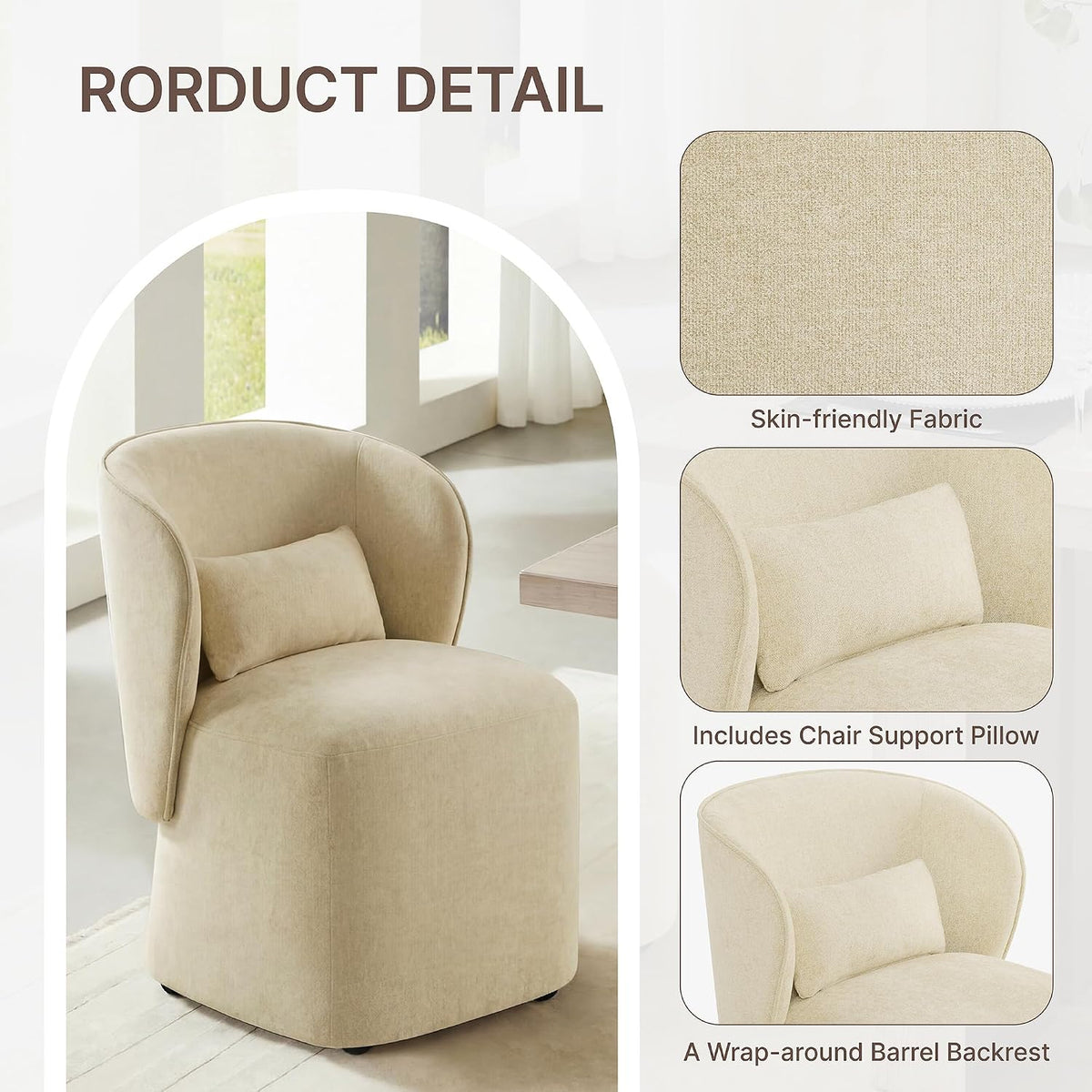 KISLOT Upholstered Dining Chairs with Wheels, Easy Assembly Stain Resistant Fabric Modern Barrel Armchair with Lumbar Cushion, Dining Room Chairs for Kitchen Living Room Bedroom, Sand, Set of 4