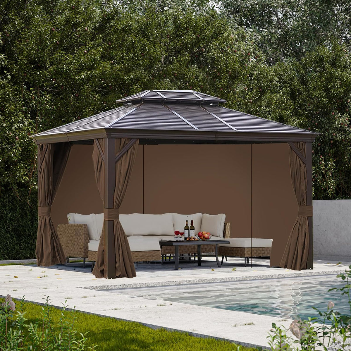 slashome 10x12 Gazebo Curtains Outdoor Waterproof, 4 Panel Sidewalls, Mocha