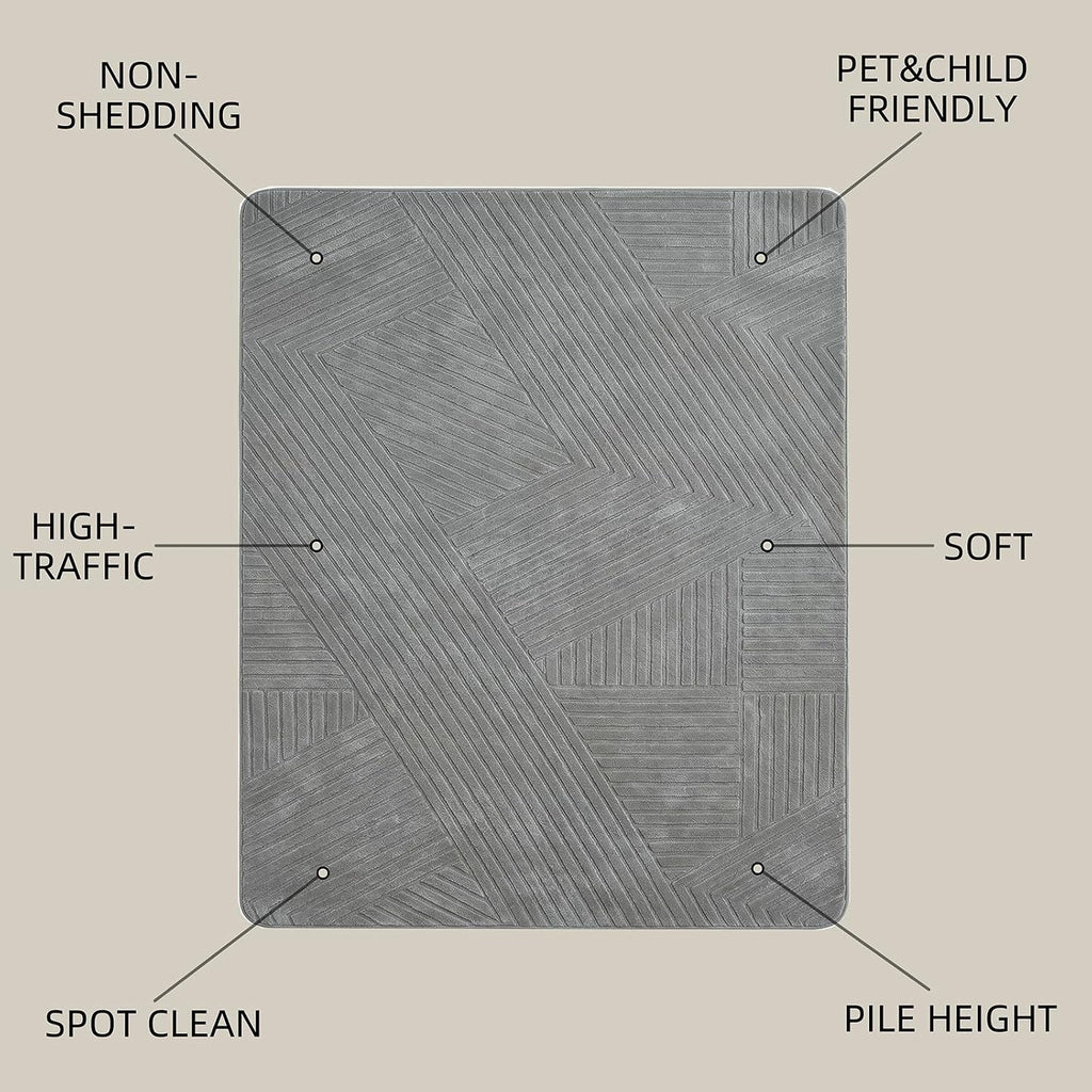 Grey 8x10 Modern Geometric Area Rug, Washable Living Room Rug