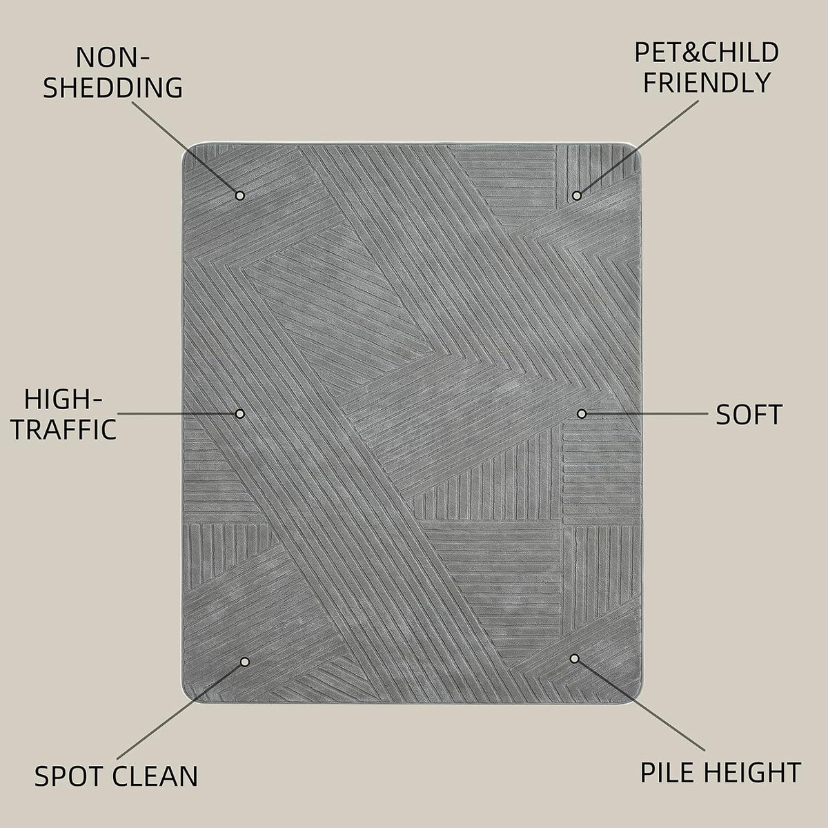 Grey 8x10 Modern Geometric Area Rug, Washable Living Room Rug