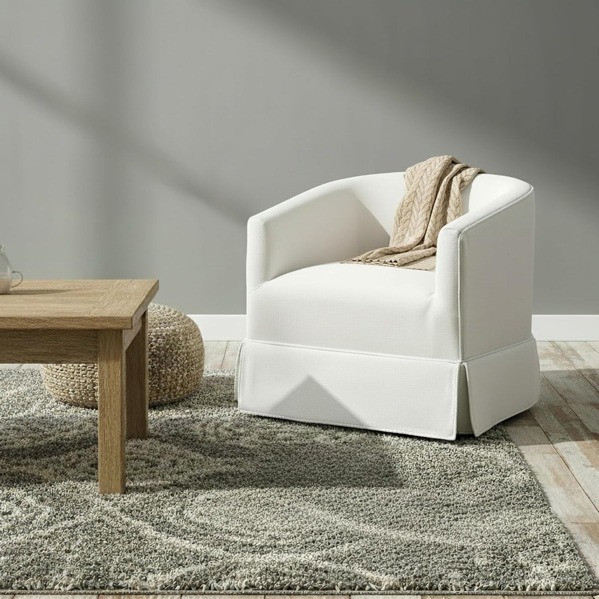 Swivel Accent Chair, Barrel Chair with Skirted Base, White