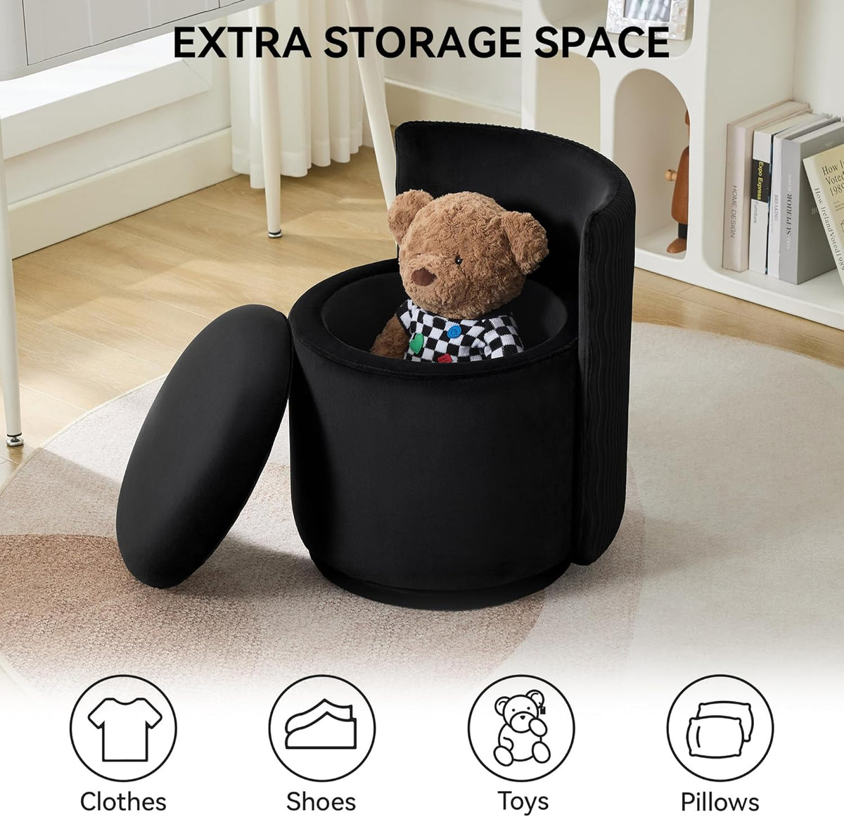 WUTUTUEE Velvet Vanity Chair with Storage, 360° Swivel Makeup Chair with Wave Back, No Assembly Small Accent Stool for Bedroom, Dressing, Living Room, Black