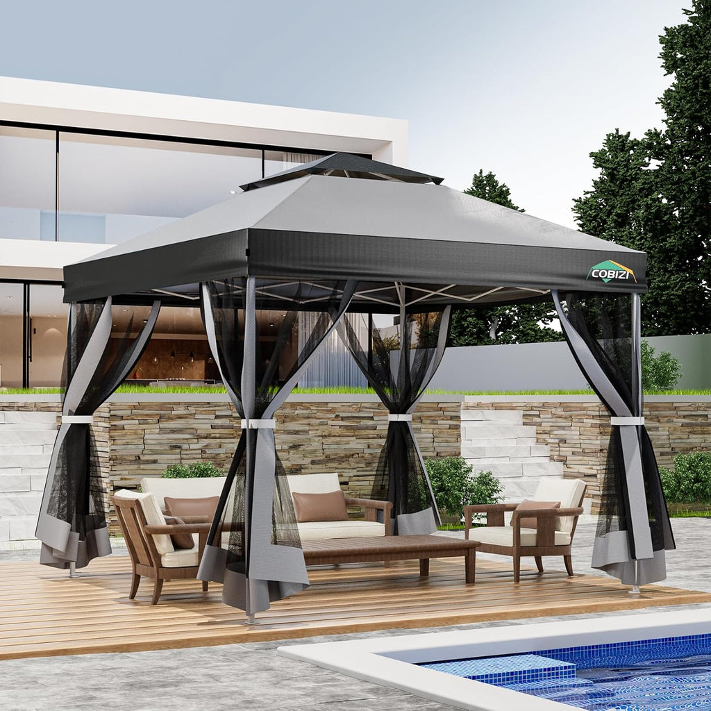 COBIZI 10x10 Pop up Gazebo, One-Push Setup Canopy Tent(Light Gray & Gray)
